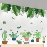 Decal dán tường combo chậu cây và lá xanh nhiệt đới tươi mát cho không gian sống