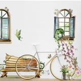 Decal dán tường cửa sổ ghế gỗ vườn hoa trang trí tường