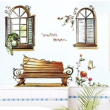 Decal dán tường cửa sổ ghế gỗ vườn hoa trang trí tường