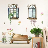 Decal dán tường cửa sổ ghế gỗ vườn hoa trang trí tường
