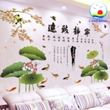 Decal dán tường phong cảnh nghệ thuật hồ sen cành đào chim yến hỷ
