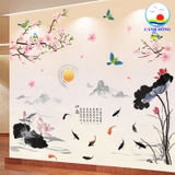Decal dán tường cành đào hồ sen combo trang trí tết