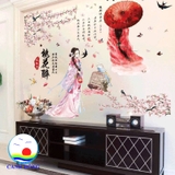 Decal dán tường cổ trang hai cô gái và hoa đào nở rộ