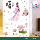 Decal dán tường hoa sen và cô gái combo trang trí nghệ thuật