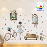 Decal dán tường cô gái thơ mộng bên khung cửa sổ