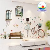 Decal dán tường cô gái thơ mộng bên khung cửa sổ