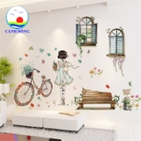 Decal dán tường cô gái thơ mộng bên khung cửa sổ