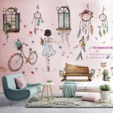 Decal dán tường hoạt hình đáng yêu combo cô gái bên cửa sổ và dreamcatcher
