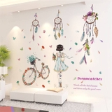 Decal dán tường hoạt hình đáng yêu combo cô gái bên cửa sổ và dreamcatcher