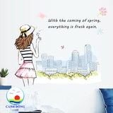 Decal dán tường cô gái ngắm thành phố trang trí phòng sinh động