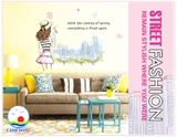 Decal dán tường cô gái ngắm thành phố trang trí phòng sinh động