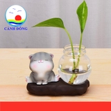 Mô hình mèo đeo kính ngộ nghĩnh có chậu thủy tinh trồng cây, nuôi cá