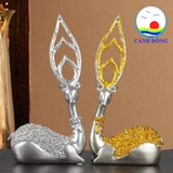 Tượng đôi hươu thần lưng chạm hoa hồng đính đá thịnh vượng may mắn