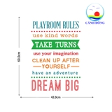 Decal dán tường chữ Playroom rules truyền động lực