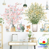 Decal dán tường bình hoa trang trí góc học tập xinh đẹp