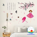 Decal dán tường cô gái hồng cành hoa đào thơ mộng