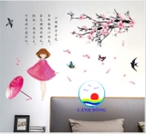 Decal dán tường cô gái hồng cành hoa đào thơ mộng