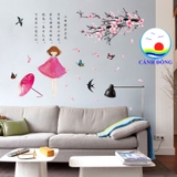 Decal dán tường cô gái hồng cành hoa đào thơ mộng