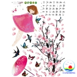 Decal dán tường cô gái hồng cành hoa đào thơ mộng