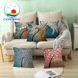Vỏ gối tựa sofa hoa đào nở rực rỡ vải êm mềm mịn