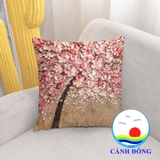 Vỏ gối tựa sofa hoa đào nở rực rỡ vải êm mềm mịn