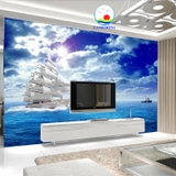 Giấy dán tường 3D biển và thuyền thuận buồm xuôi gió thành công , mây trời xanh mát, trang trí sang trọng - - in theo size yêu cầu trên nhiều chất liệu - sẵn keo dán dễ trên tường, kính, gỗ