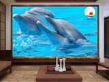 Tranh dán tường cá heo vui đùa cùng biển xanh trang trí phòng ấn tượng, thư giãn hòa mình cùng thiên nhiên