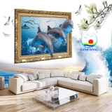 Decal dán tường phong cảnh xanh dương của biển kỳ vĩ cá heo bơi lội trang trí phòng ấn tượng, thư giãn hòa mình cùng thiên nhiên- dán được trên tường, kính, gỗ - in theo size yêu cầu trên nhiều chất liệu- sẵn keo dán dễ