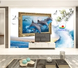 Decal dán tường phong cảnh xanh dương của biển kỳ vĩ cá heo bơi lội trang trí phòng ấn tượng, thư giãn hòa mình cùng thiên nhiên- dán được trên tường, kính, gỗ - in theo size yêu cầu trên nhiều chất liệu- sẵn keo dán dễ