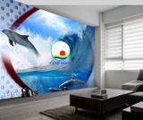Decal dán tường phong cảnh xanh dương của biển kỳ vĩ cá heo bơi lội trang trí phòng ấn tượng, thư giãn hòa mình cùng thiên nhiên- dán được trên tường, kính, gỗ - in theo size yêu cầu trên nhiều chất liệu- sẵn keo dán dễ