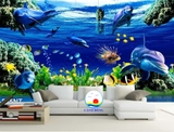 Decal dán tường phong cảnh xanh dương của biển kỳ vĩ cá heo bơi lội trang trí phòng ấn tượng, thư giãn hòa mình cùng thiên nhiên- dán được trên tường, kính, gỗ - in theo size yêu cầu trên nhiều chất liệu- sẵn keo dán dễ