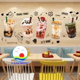 Decal dán tường trang trí quán trà sữa, xe trà sữa dán tường, kính, gỗ in size theo yêu cầu- sẵn keo dán dễ
