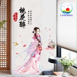 Decal dán tường trang trí cô gái cổ trang và chim công khổng tước