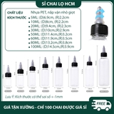 PE16 - Chai lọ PET nắp vặn đầu nhọn nhỏ giọt dùng chiết mực xăm, mỹ phẩm du lịch, tinh dầu, dầu máy... nhiều dung tích 5ml 10ml 20ml 30ml 50ml 60ml 80ml 100ml - PE16