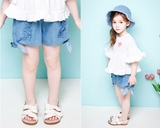 Quần short jeans giấy bèo dọc nơ bé gái Jelis. HA2161