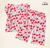 Bộ cotton bèo dọc quần lửng cherry tim bé gái Moli. HA0202