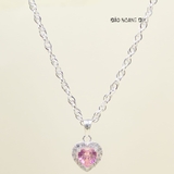 Dây Chuyền Bạc S990 Nguyên Chất Cho Bé Gái Trái Tim Đá Hồng Sáng Lấp Lánh D2411090015