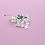 Mặt Dây Chuyền Bạc Trẻ Em Mặt Mèo Kitty Nơ Hoa Đá Xanh M2409270044