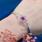 vòng tay bạc nữ mặt vòng hình hoa 6 cánh nhuỵ hoa đính đá tím cánh hoa có đính đá trắng V2409040031