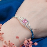 Vòng tay bạc ta cho nữ mặt hình lá đính đá tâm đính đá vuông hồng nổi bật mông mơ V2409040005