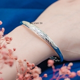 Vòng tay bạc nữ Mặt vòng khắc hoạ tiết hình hoa tuylip và lá V2409130016