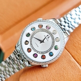 Đồng Hồ Nữ Franklin FL5999 Đá Màu Xoay Mặt Trắng 33mm Máy Pin Kính Sapphire Dây Inox