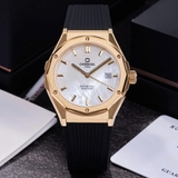 Đồng Hồ Nam Carnival 8168G Tự Động Mặt Trắng Xà Cừ Dây Cao Su Đen Vỏ Vàng 42mm