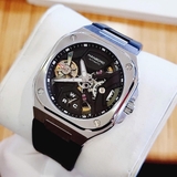 Đồng Hồ Nam Hanboro Mặt Vuông Máy Tự Động Nhật Dây Cao Su Đen Vỏ Kim Loại Silver 42mm