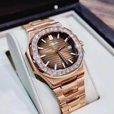 Đồng Hồ Nam Hanboro Máy Tự Động Mặt Nâu Viền Đá Kim Loại Vàng Hồng Size 42mm