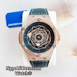 Đồng Hồ Nam Hanboro Tự Động Dây Cao Su Đen Đính Đá Vỏ Vàng Hồng Size 44mm