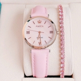Đồng Hồ Nữ Amica 039 Dây Da Hồng Mặt Xà Cừ Vỏ Vàng Hồng Size 32mm
