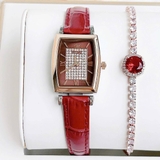 Đồng Hồ Nữ Amica A051 Dây Da Đỏ Mặt Chữ Nhật Vỏ Vàng Hồng Size 28mm