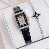 Đồng Hồ Nữ Amica A052 Dây Da Đen Mặt Vuông Đính Đá Size 28mm