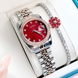 Đồng Hồ Nữ Amica A059 Mặt Đỏ Viền Đá Kim Loại Demi Rose Size 32mm